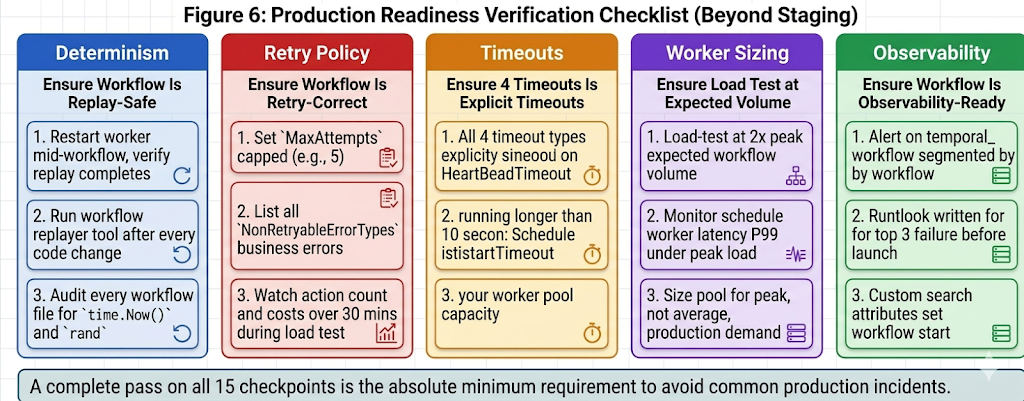Figure 6: Production readiness verification by category. Each card represents a distinct property that requires deliberate verification beyond standard staging tests. All five must be confirmed before a new workflow type goes to production. 