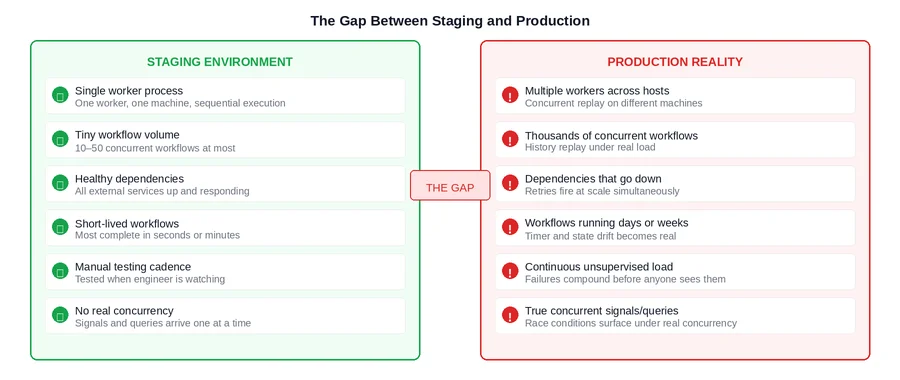 Figure 1: The structural gap between staging and production. Each item on the right is a failure condition that staging does not simulate and cannot reveal.