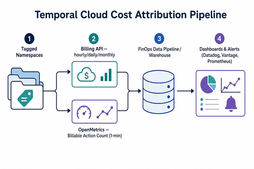 Diagram showing the Temporal Cloud cost attribution pipeline: tagged namespaces feed into the Billing API (hourly/daily/monthly) and OpenMetrics Billable Action Count (1-minute), which land in a FinOps data warehouse and surface in dashboards and alerts via Datadog, Vantage, and Prometheus.